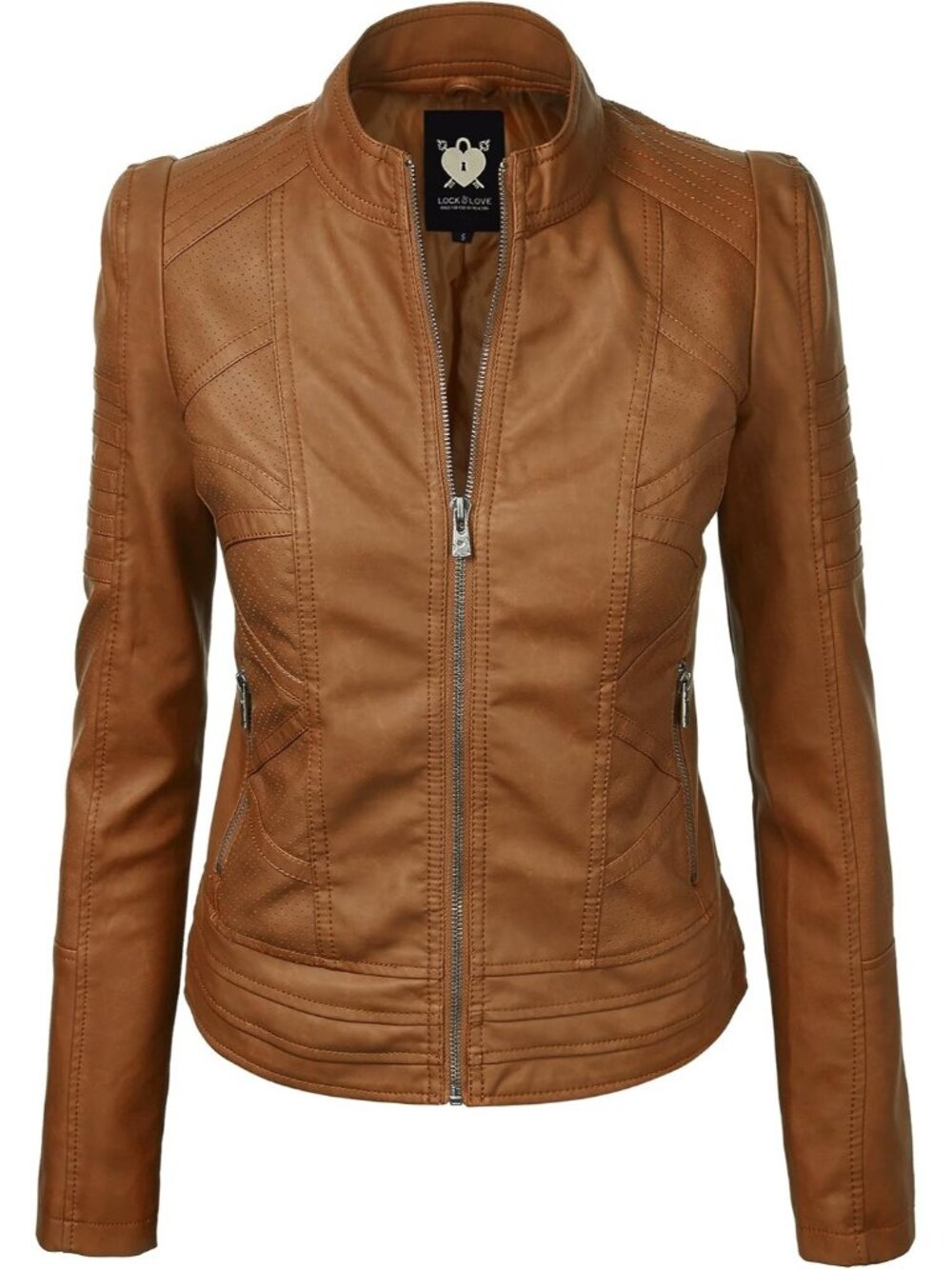 Women Caramel Solid Faux Leather Slim Panelled Vegan Classic Motor Bike Jacket